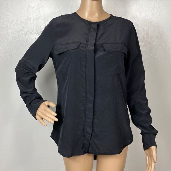 Equipment Femme Black Silk Hi Low Button Front Long Sleeves Blouse - Picture 1 of 12